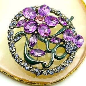 Vintage Monet silver tone purple lilac crystal encrusted floral brooch pin